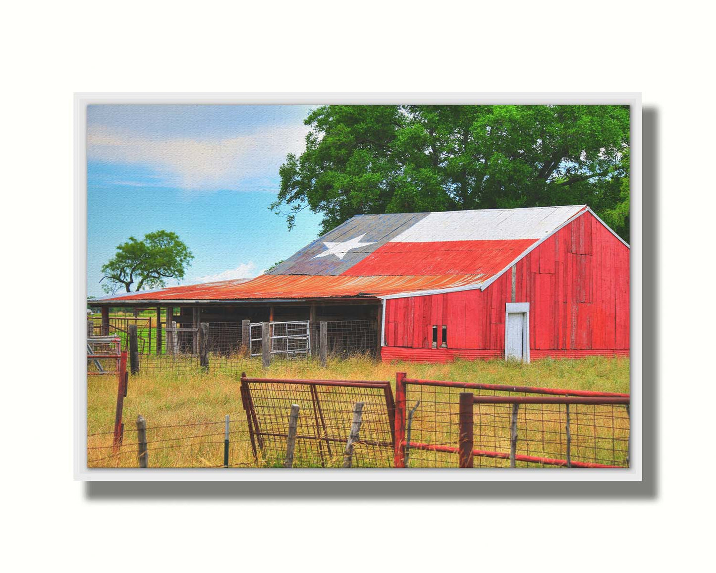 A photograph of a red barn, with a Texas flag painted on the roof. It is surrounded by red ranch fences and grassy fields. Printed on canvas in a float frame.