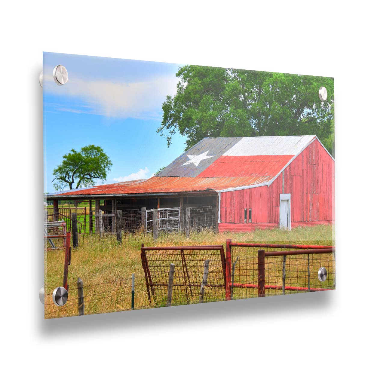 A photograph of a red barn, with a Texas flag painted on the roof. It is surrounded by red ranch fences and grassy fields. Printed on acrylic.