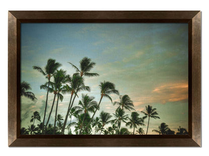 A photograph of palm trees against a partly cloudy sky. The sun is low in the sky, reflecting warm light onto the clouds. Printed on canvas and framed.