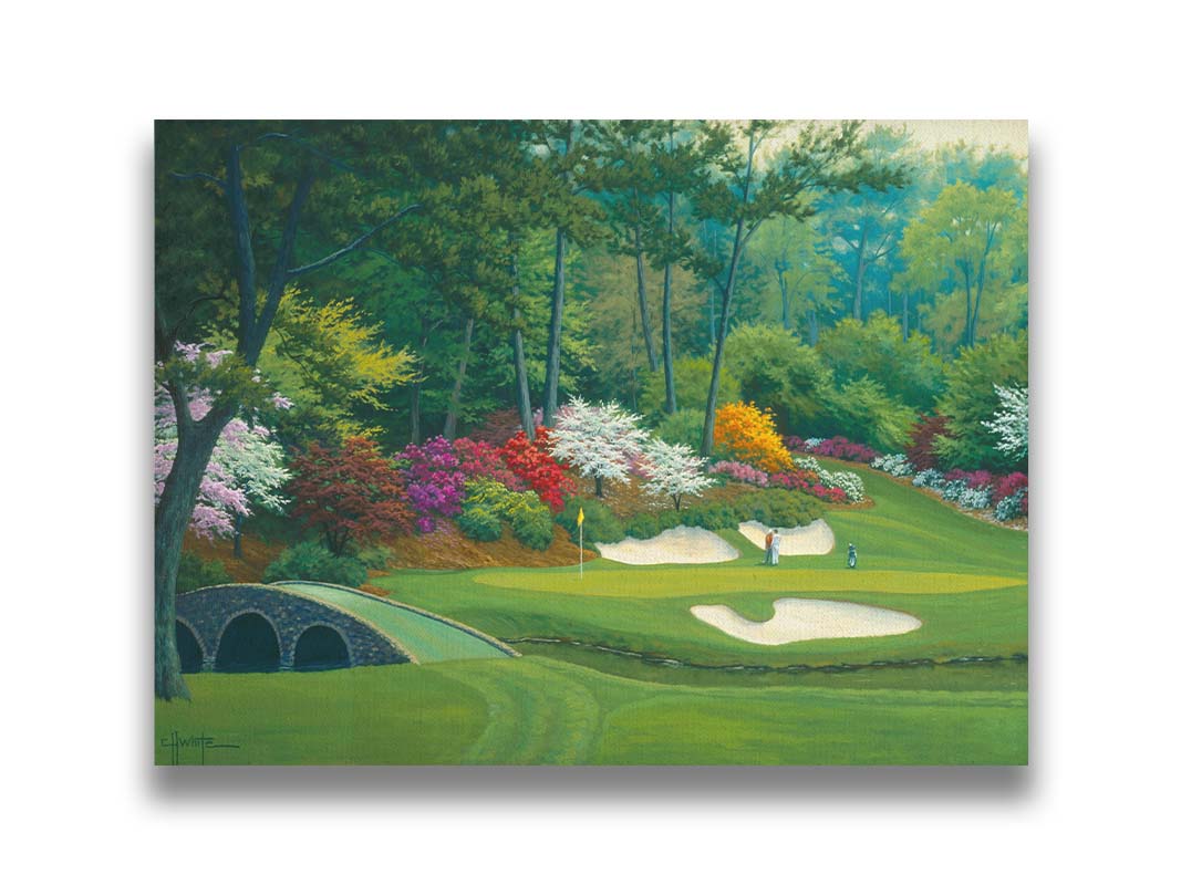 A painting of the Augusta Nationals golf course in Georgia. The course is encircled by foliage and flowers of all colors, and a bridged stream uns through the center. A few golfers stand near a small sand pit, lining up a shot to the nearby hole. Printed on canvas.