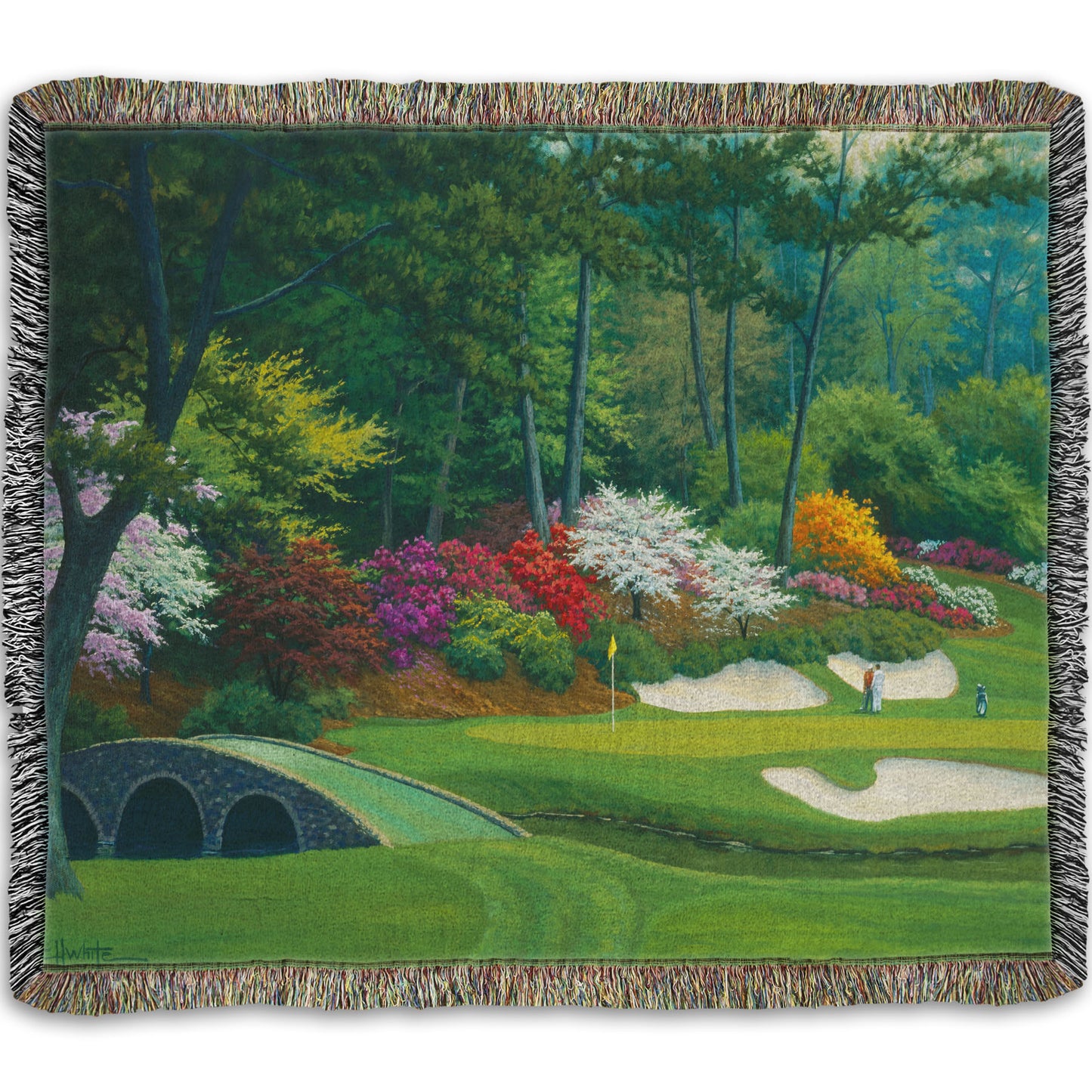 Woven throw blanket designed with a painting of the Augusta Nationals golf course in Georgia.