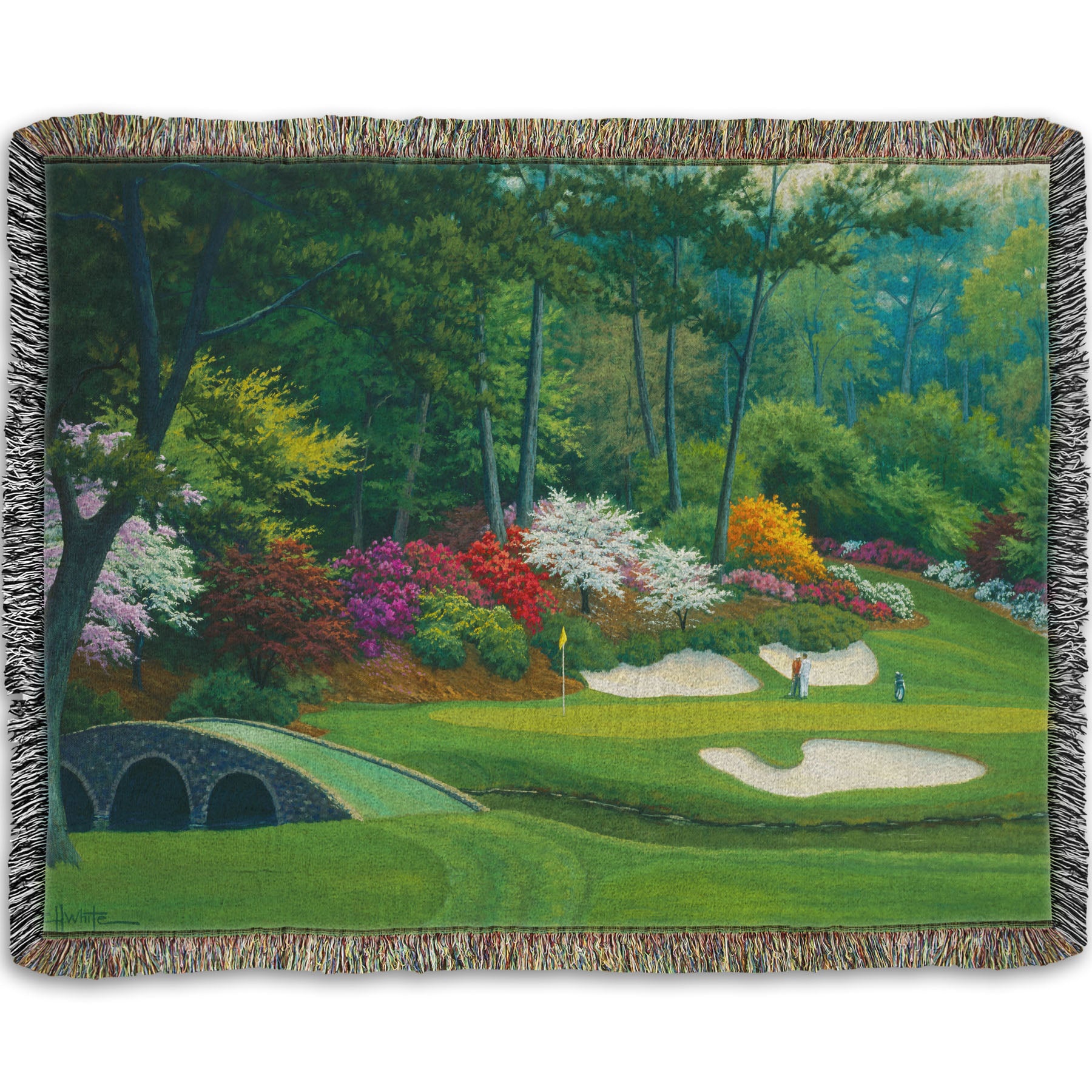 Woven throw blanket designed with a painting of the Augusta Nationals golf course in Georgia.