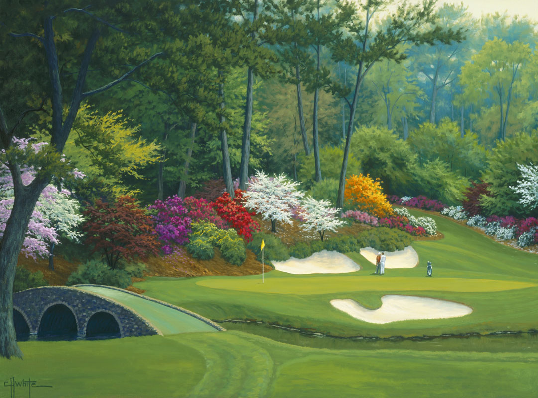 A painting of the Augusta Nationals golf course in Georgia. The course is encircled by foliage and flowers of all colors, and a bridged stream runs through the center. A few golfers stand near a small sand pit, lining up a shot to the nearby hole. 