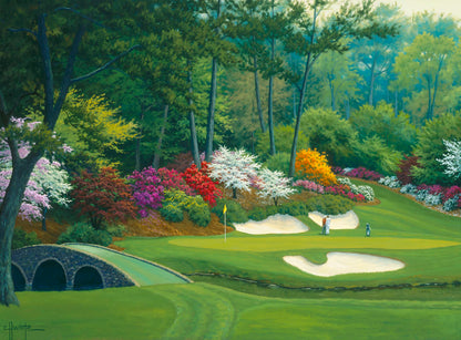 A painting of the Augusta Nationals golf course in Georgia. The course is encircled by foliage and flowers of all colors, and a bridged stream runs through the center. A few golfers stand near a small sand pit, lining up a shot to the nearby hole. 
