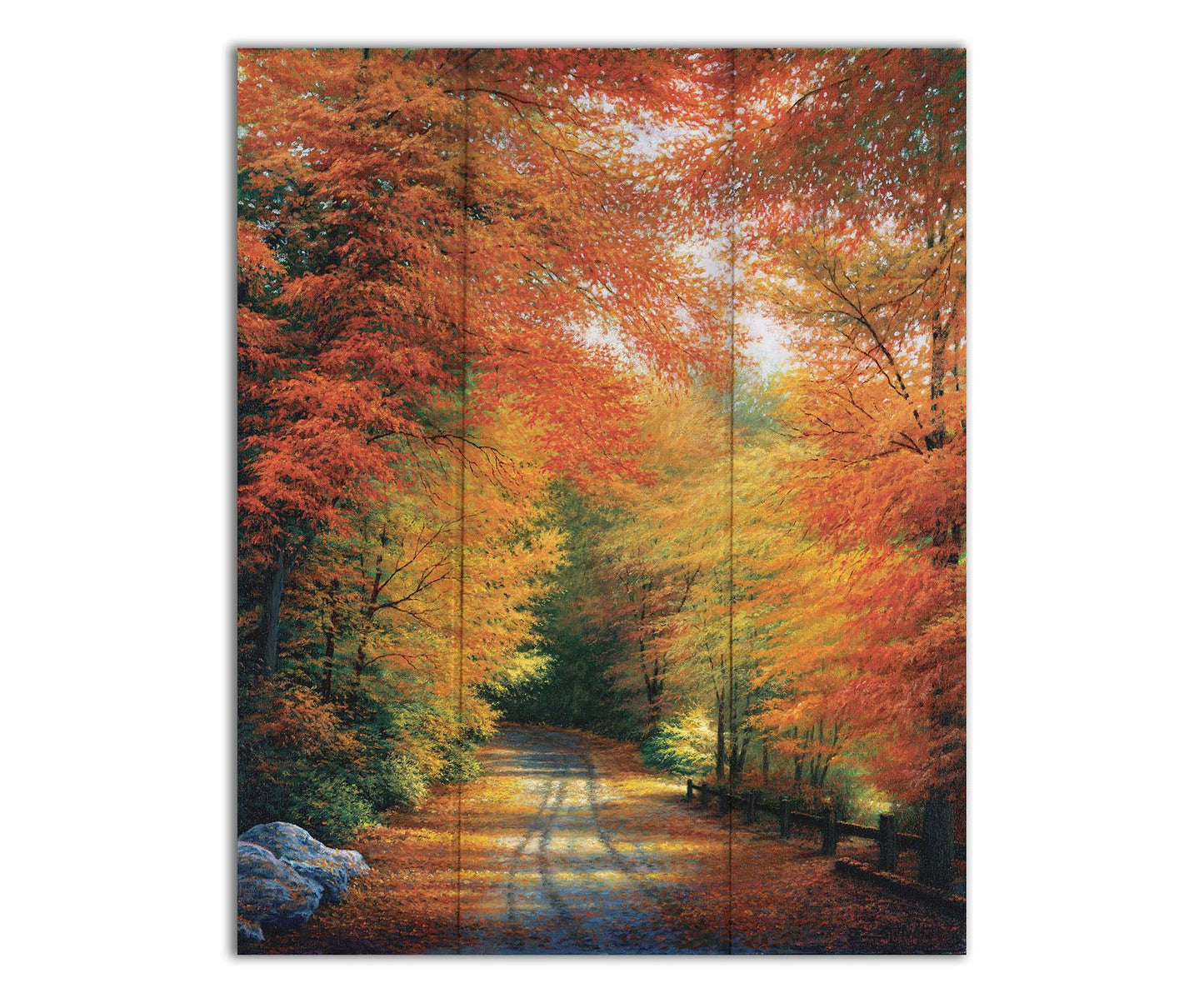 A painting of a road winding through a forest during fall. The red, orange, and yellow leaves shed to the ground, lining the road. Printed on a box board.