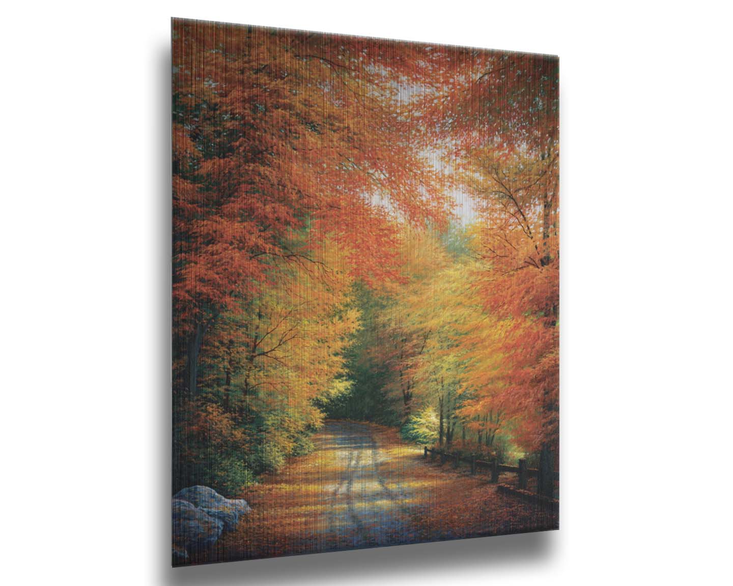 A painting of a road winding through a forest during fall. The red, orange, and yellow leaves shed to the ground, lining the road. Printed on metal.