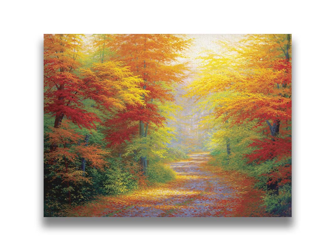 A painting of a road winding through a forest during fall. The green, yellow, red, and orange foliage and trees shed leaves that line the path. Printed on canvas.