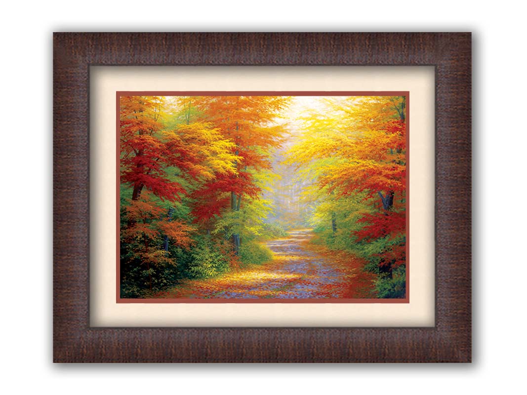 A painting of a road winding through a forest during fall. The green, yellow, red, and orange foliage and trees shed leaves that line the path. Printed on paper, matted, and framed.