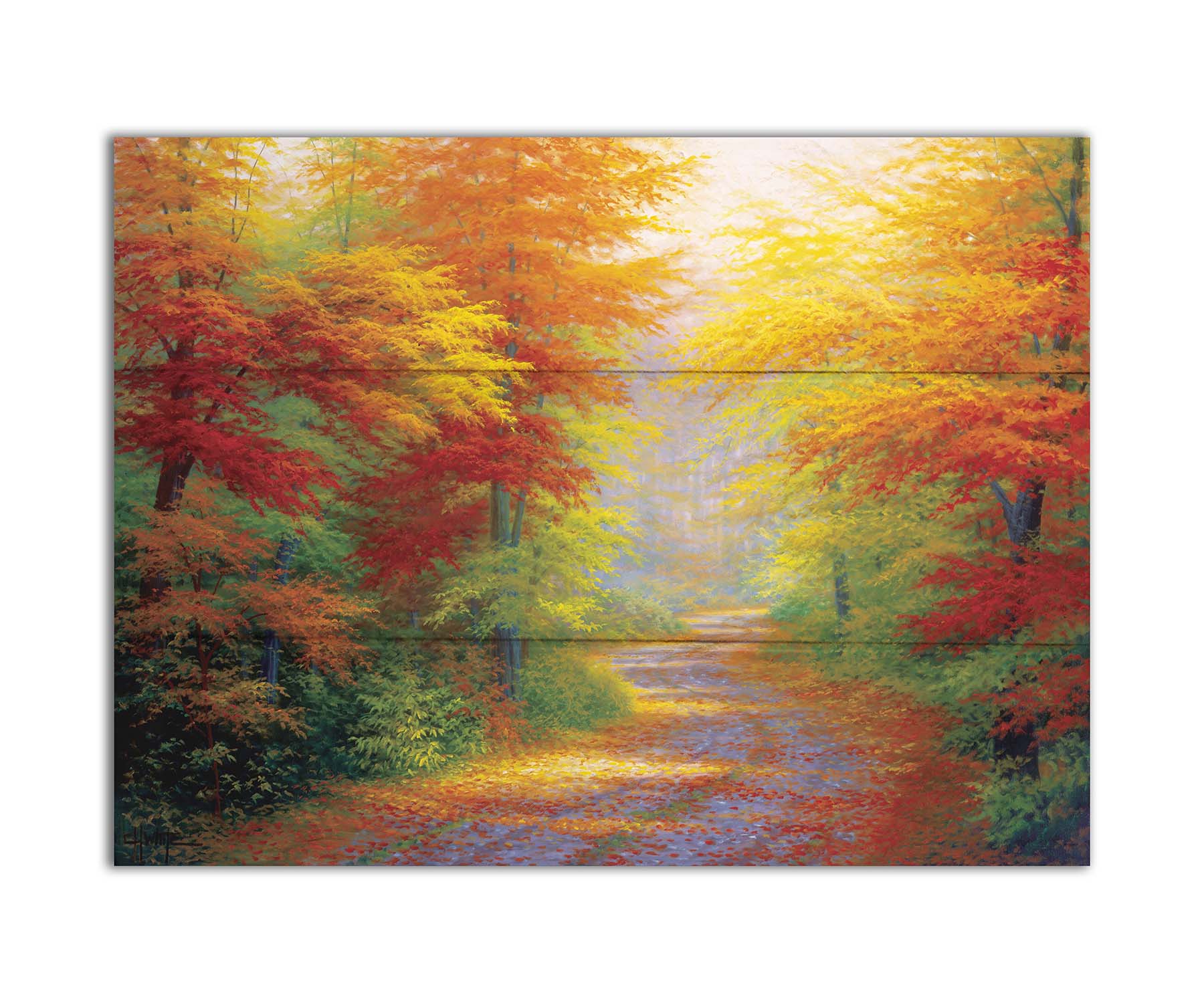 A painting of a road winding through a forest during fall. The green, yellow, red, and orange foliage and trees shed leaves that line the path. Printed on a box board.