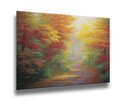 A painting of a road winding through a forest during fall. The green, yellow, red, and orange foliage and trees shed leaves that line the path. Printed on metal.