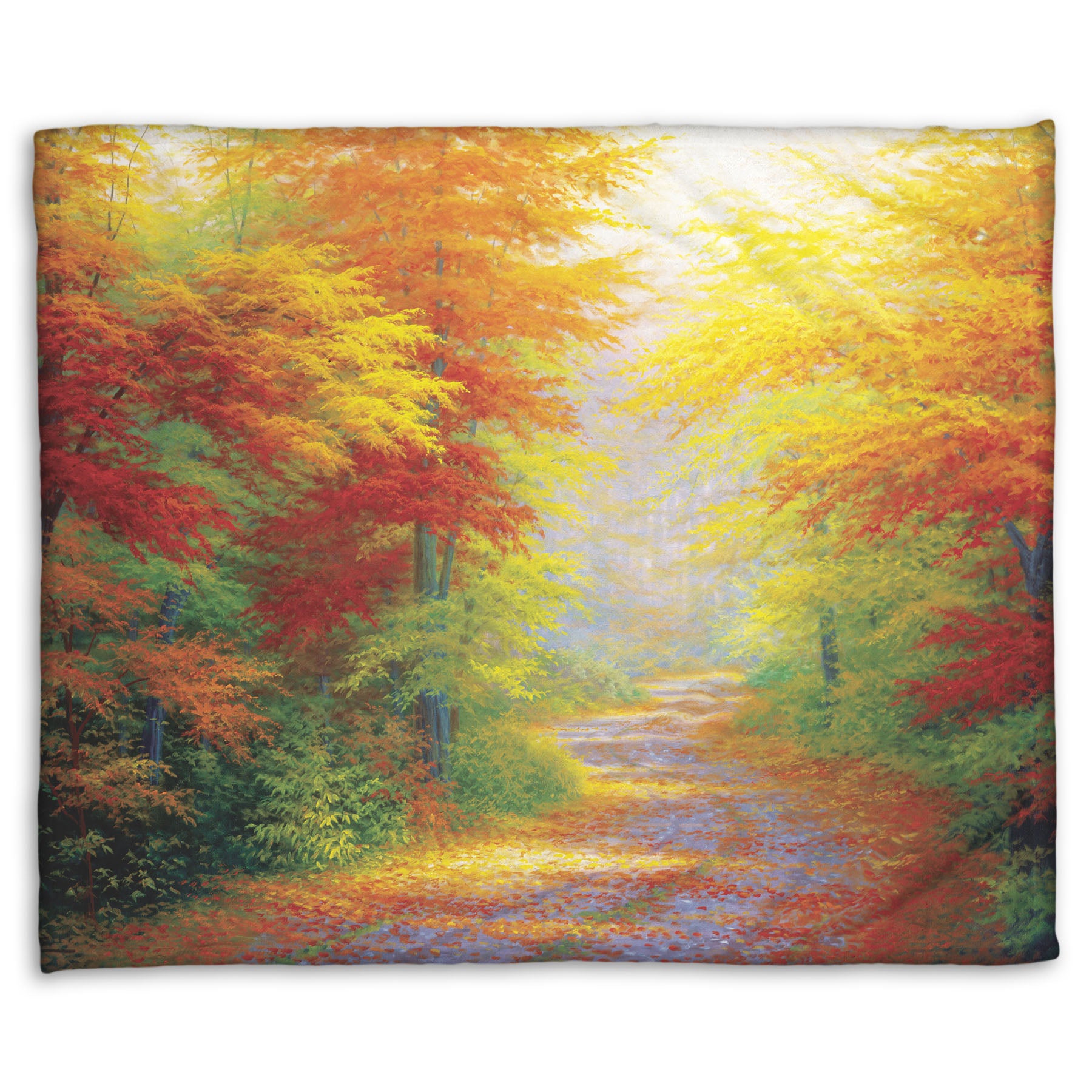 A coral fleece throw blanket designed with a painting of a road winding through a forest during fall. The green, yellow, red, and orange foliage and trees shed leaves that line the path.