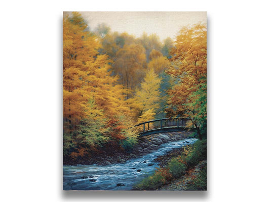 A painting of a forest stream, passing under an arched bridge. The trees are changing to yellow and orange for the fall season. Printed on canvas.