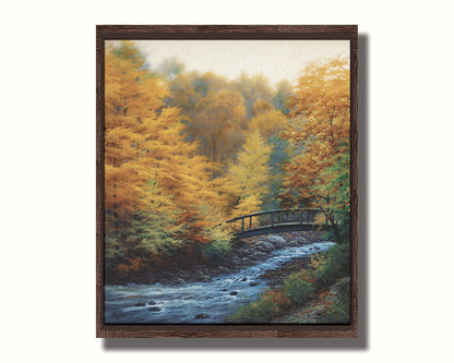 A painting of a forest stream, passing under an arched bridge. The trees are changing to yellow and orange for the fall season. Printed on canvas in a float frame.