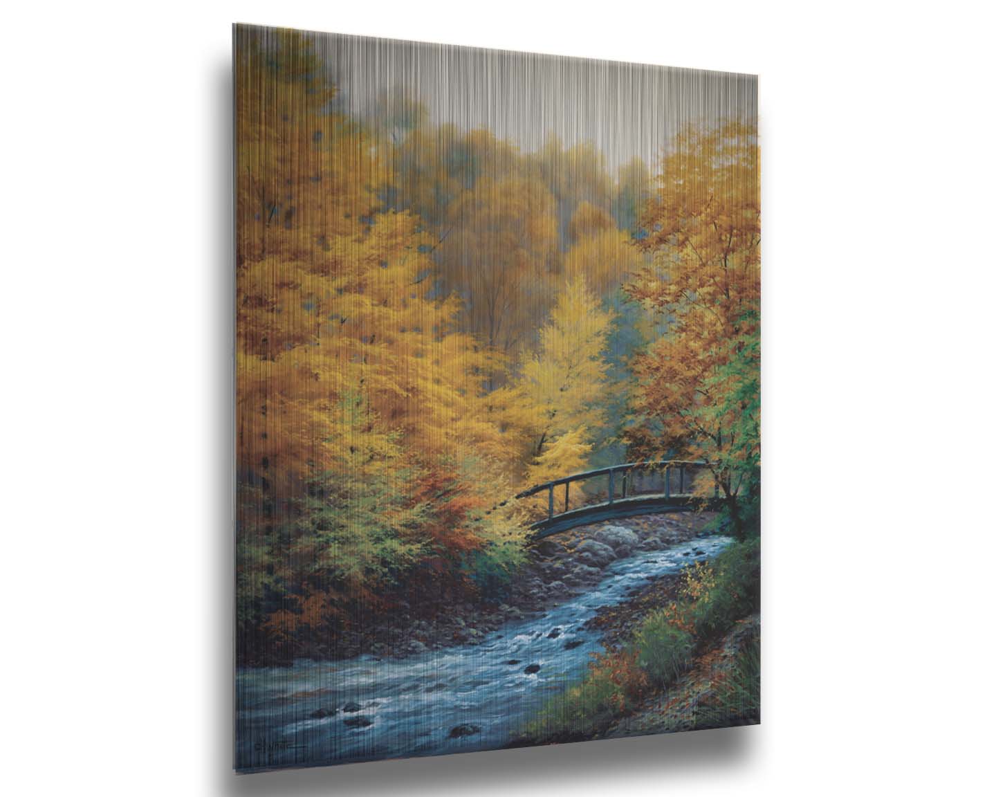 A painting of a forest stream, passing under an arched bridge. The trees are changing to yellow and orange for the fall season. Printed on metal.