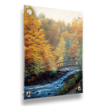 A painting of a forest stream, passing under an arched bridge. The trees are changing to yellow and orange for the fall season. Printed on acrylic.