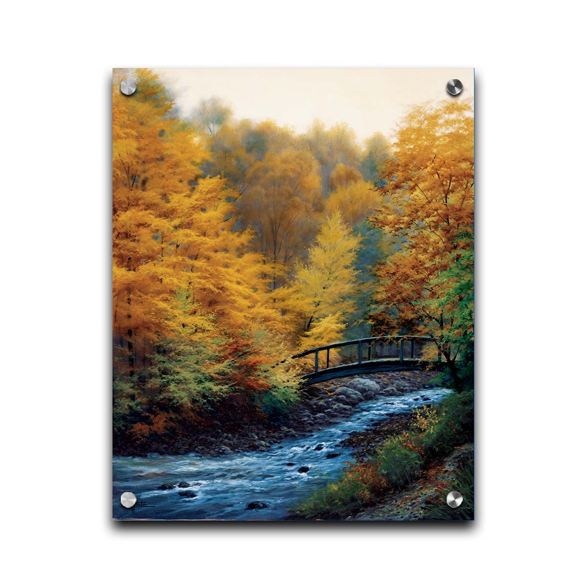 A painting of a forest stream, passing under an arched bridge. The trees are changing to yellow and orange for the fall season. Printed on acrylic.