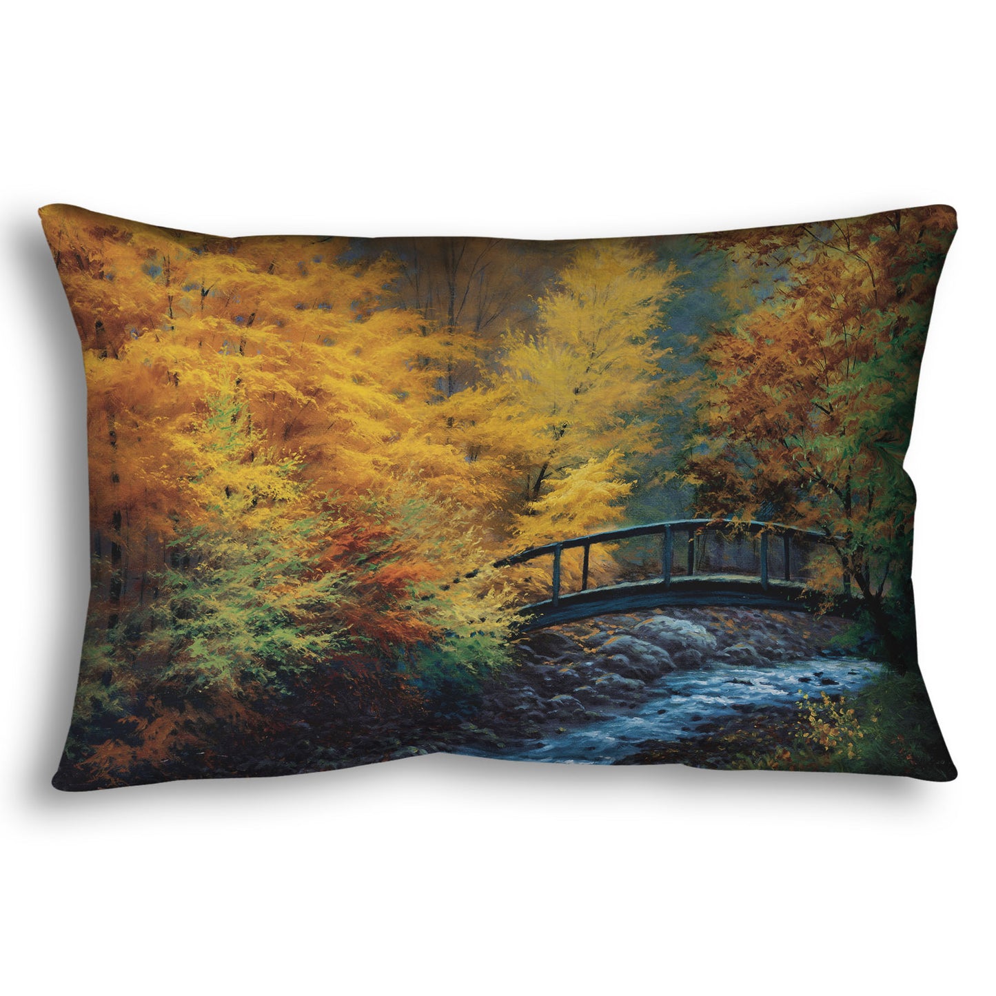 Throw pillow designed with a painting of a forest stream, passing under an arched bridge. The trees are changing to yellow and orange for fall.