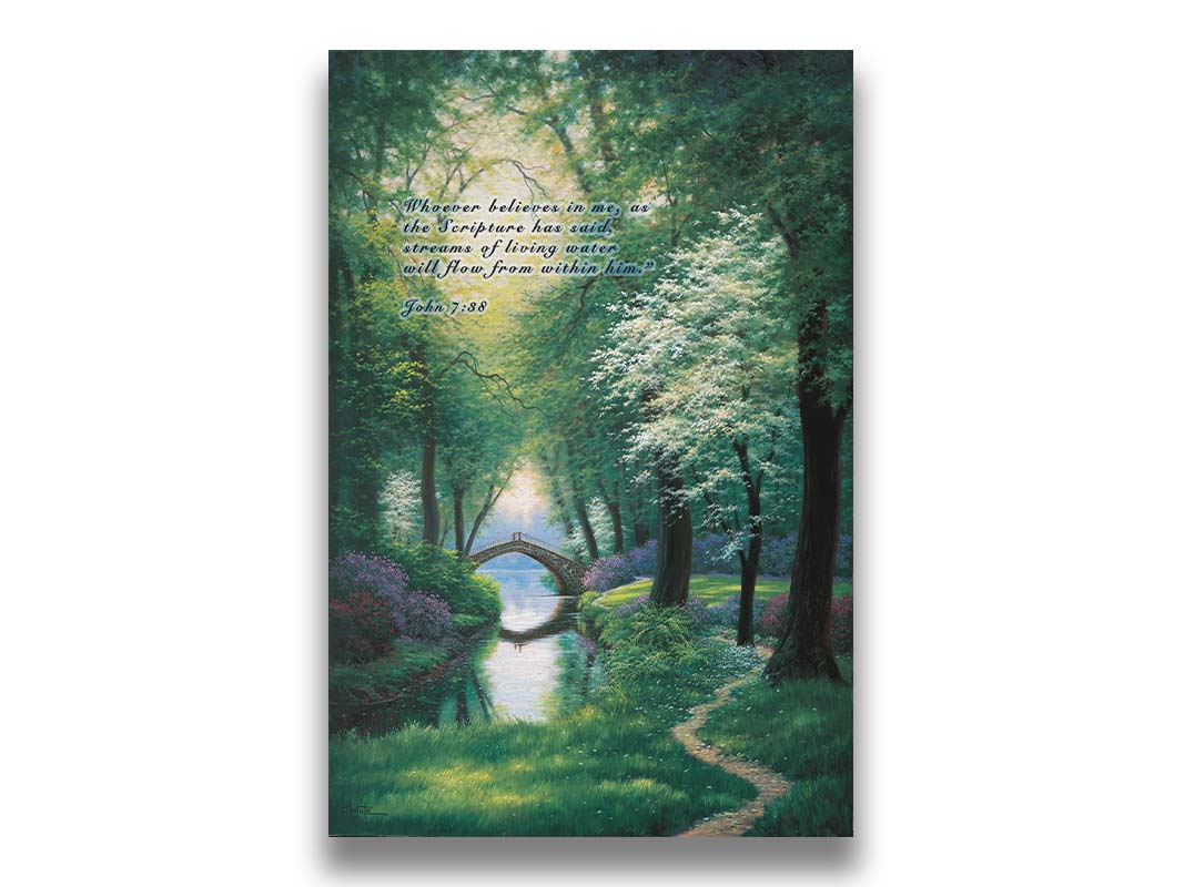 A painting of a stream through a lush green forest trail, with a bridge crossing in the distance. Printed on canvas.