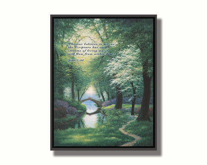 A painting of a stream through a lush green forest trail, with a bridge crossing in the distance. Printed on canvas in a float frame.