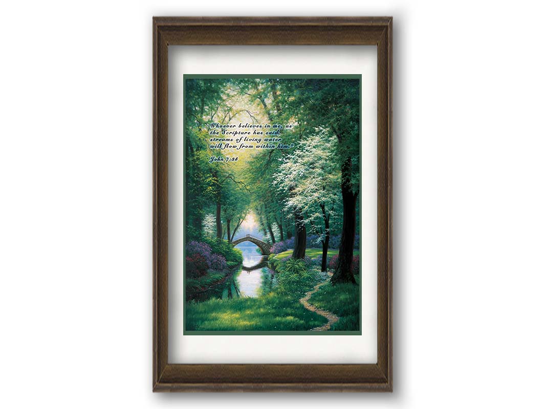 A painting of a stream through a lush green forest trail, with a bridge crossing in the distance. Printed on paper, matted, and framed.