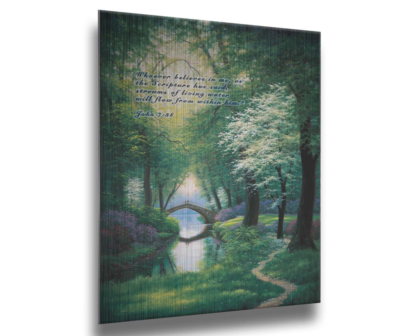 A painting of a stream through a lush green forest trail, with a bridge crossing in the distance. Printed on metal.