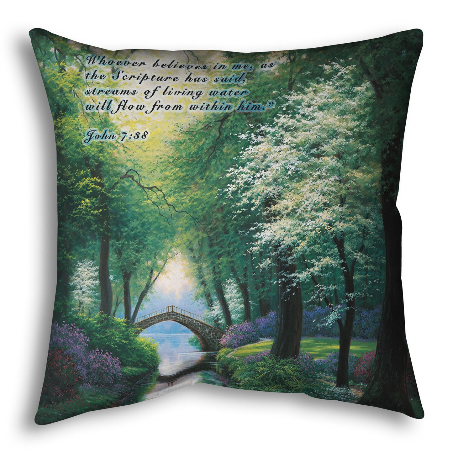 Throw pillow designed with a painting of a stream through a lush green forest trail, with a bridge crossing in the distance.