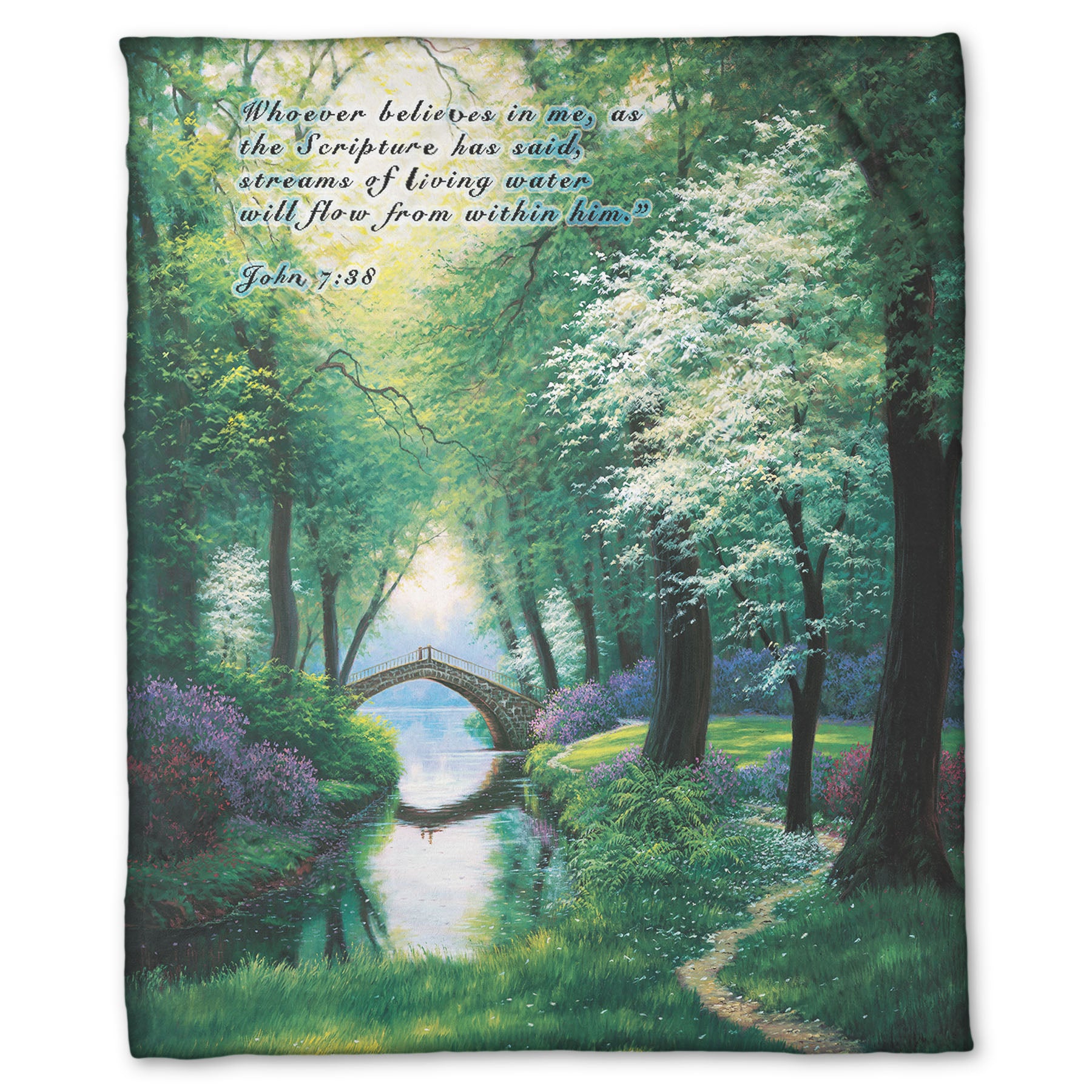 Coral fleece blanket designed with a painting of a stream through a lush green forest trail, with a bridge crossing in the distance.