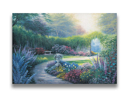 A painting of a serene path through a garden filled with bushes of flowers bathed in a gentle light. Printed on canvas.