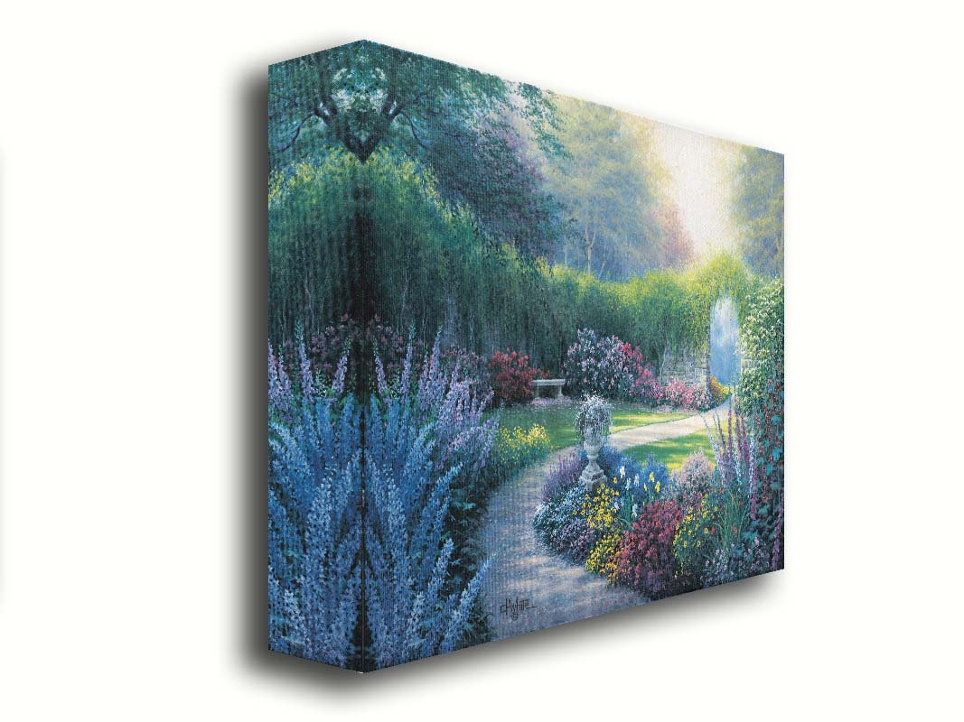 A painting of a serene path through a garden filled with bushes of flowers bathed in a gentle light. Printed on canvas.