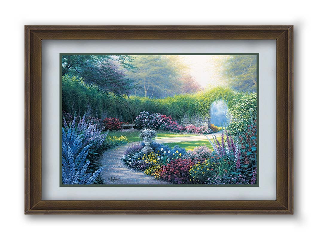 A painting of a serene path through a garden filled with bushes of flowers bathed in a gentle light. Printed on paper, matted, and framed.