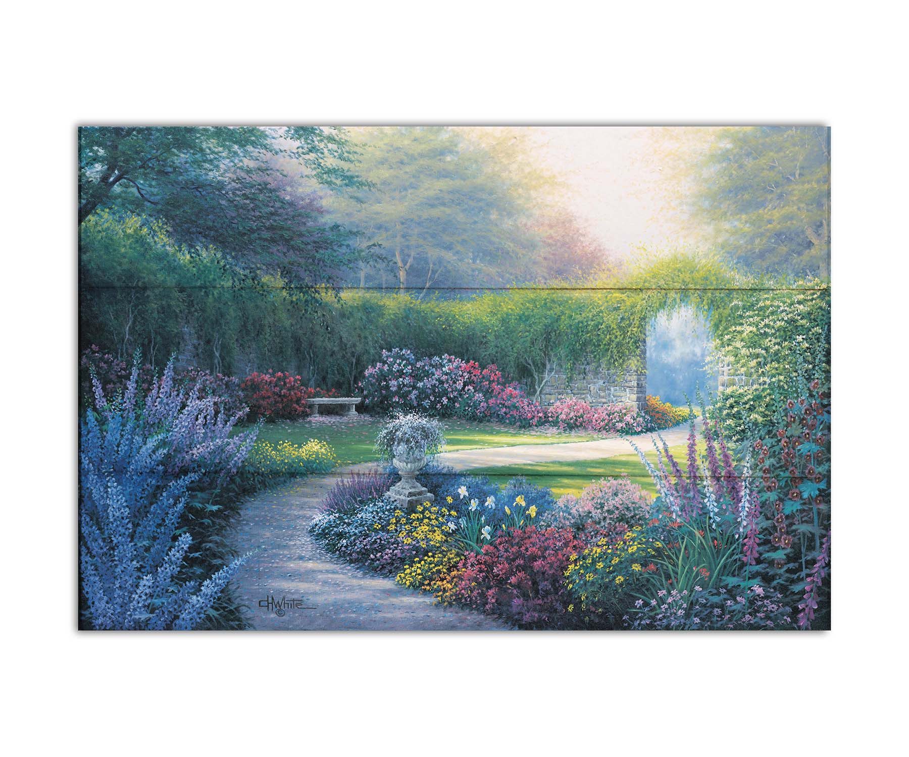 A painting of a serene path through a garden filled with bushes of flowers bathed in a gentle light. Printed on a box board.