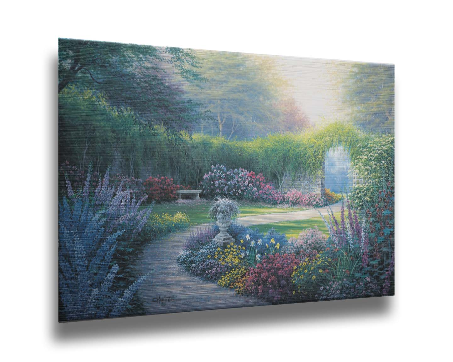 A painting of a serene path through a garden filled with bushes of flowers bathed in a gentle light. Printed on metal.