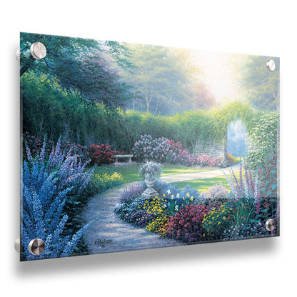 A painting of a serene path through a garden filled with bushes of flowers bathed in a gentle light. Printed on acrylic.