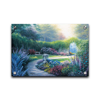 A painting of a serene path through a garden filled with bushes of flowers bathed in a gentle light. Printed on acrylic.