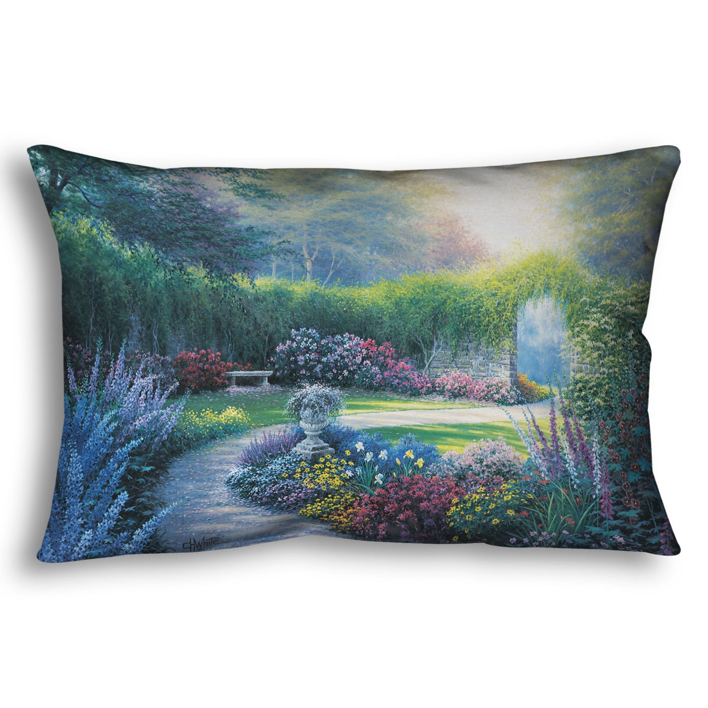 A throw pillow designed with a painting of a serene path through a garden filled with bushes of flowers bathed in a gentle light.