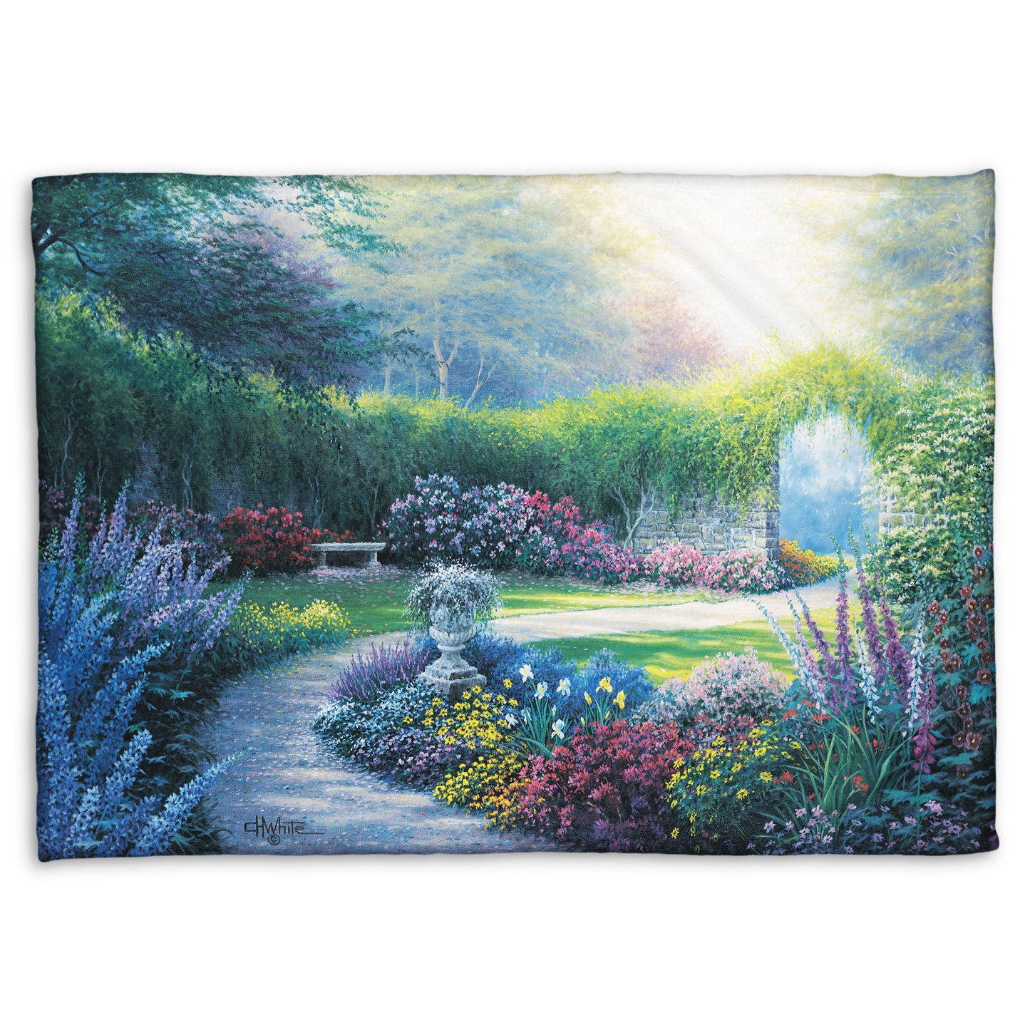 A coral fleece blanket designed with a painting of a serene path through a garden filled with bushes of flowers bathed in a gentle light.