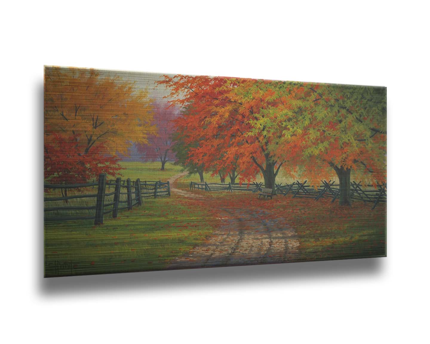 A painting of a road winding through a fenched field, surrounded by multicolor fall maple trees. Printed on metal.