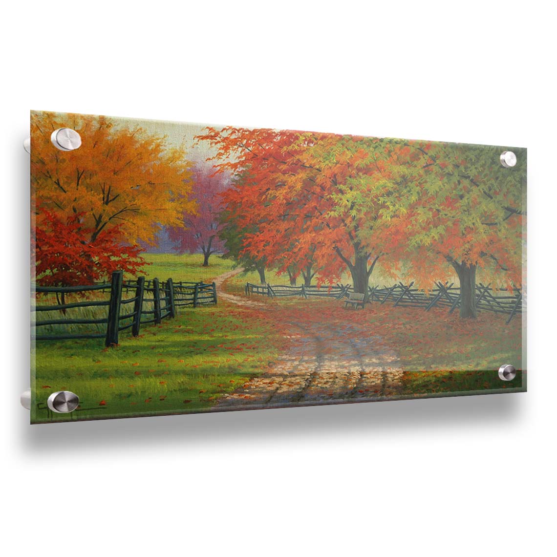 A painting of a road winding through a fenched field, surrounded by multicolor fall maple trees. Printed on acrylic.