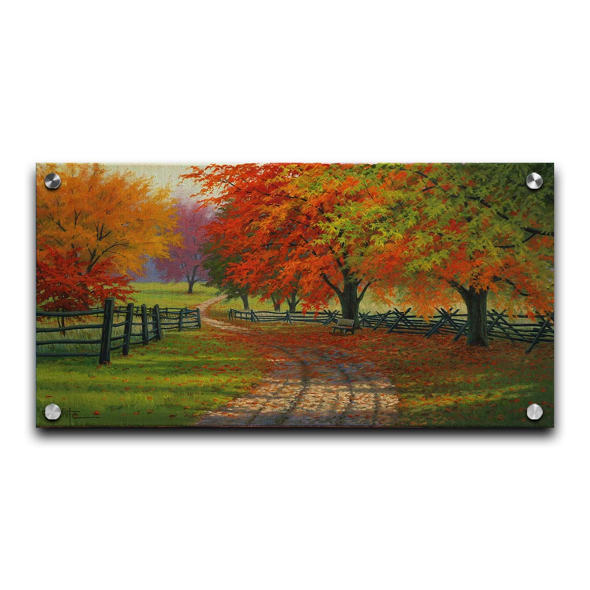 A painting of a road winding through a fenched field, surrounded by multicolor fall maple trees. Printed on acrylic.