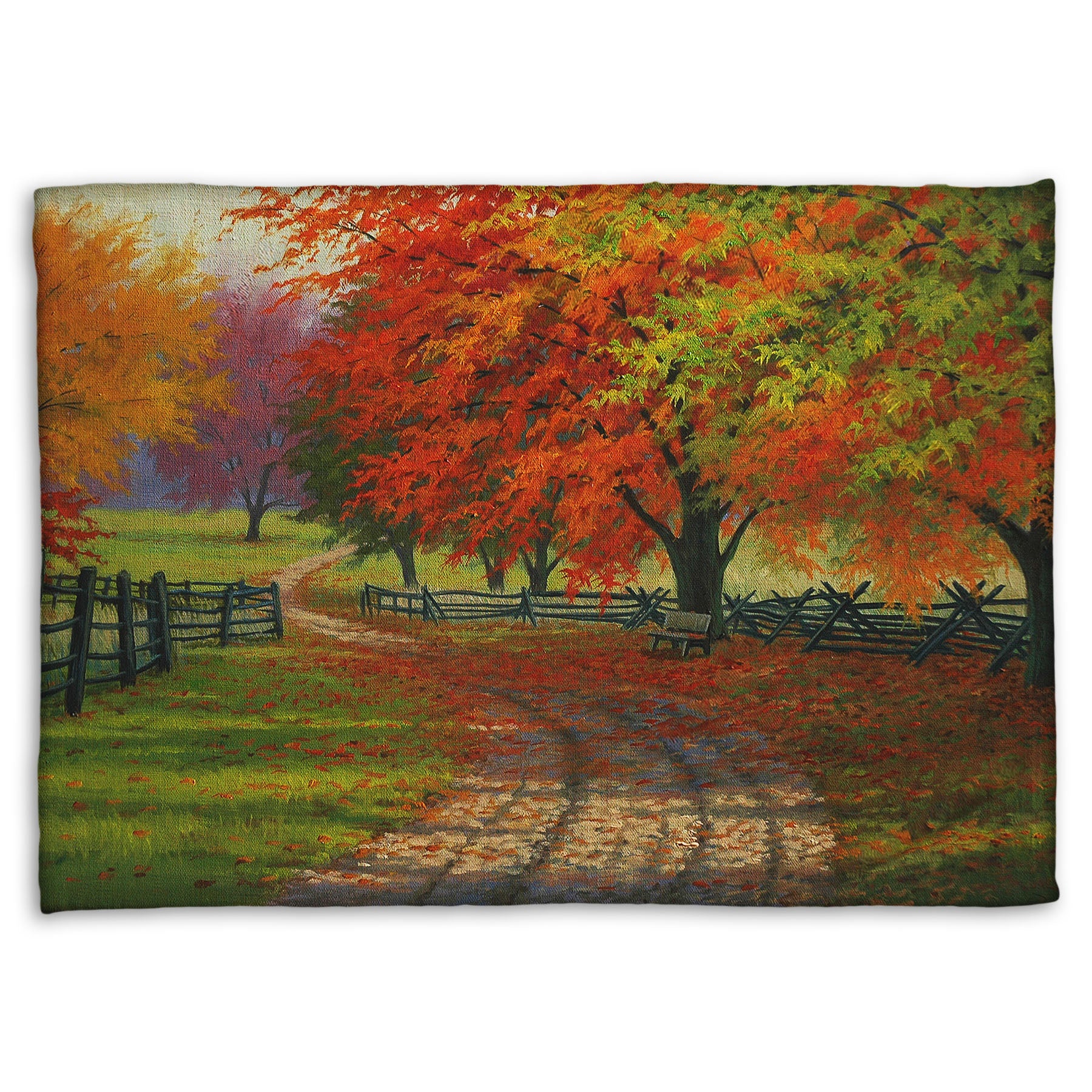 A fleece throw blanket designed with a painting of a road winding through a fenced field, surrounded by multicolored fall maple trees.