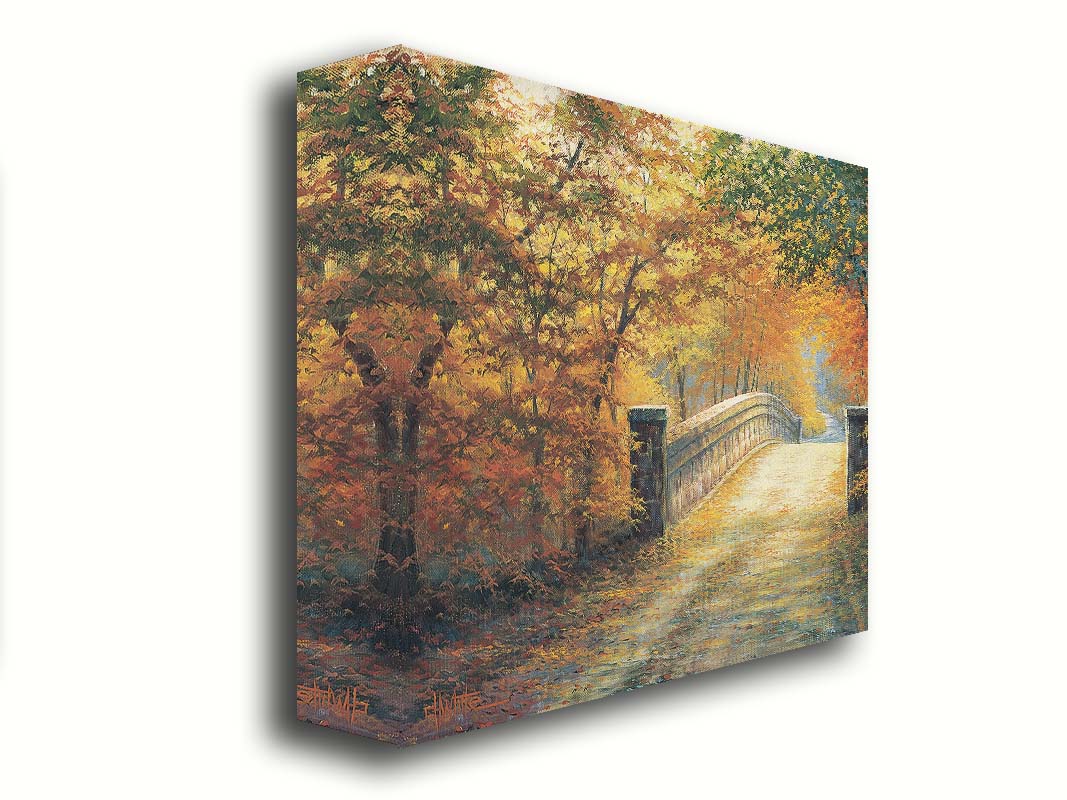 A painting looking down a bridge road during fall. The trees lining the road have turned yellow and orange for autumn, and some of their fallen leaves are scatted along the path. Printed on canvas.