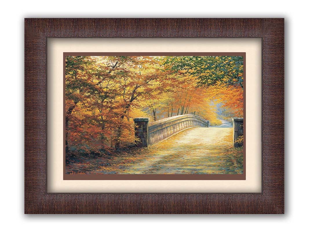 A painting looking down a bridge road during fall. The trees lining the road have turned yellow and orange for autumn, and some of their fallen leaves are scatted along the path. Printed on paper, matted, and framed.