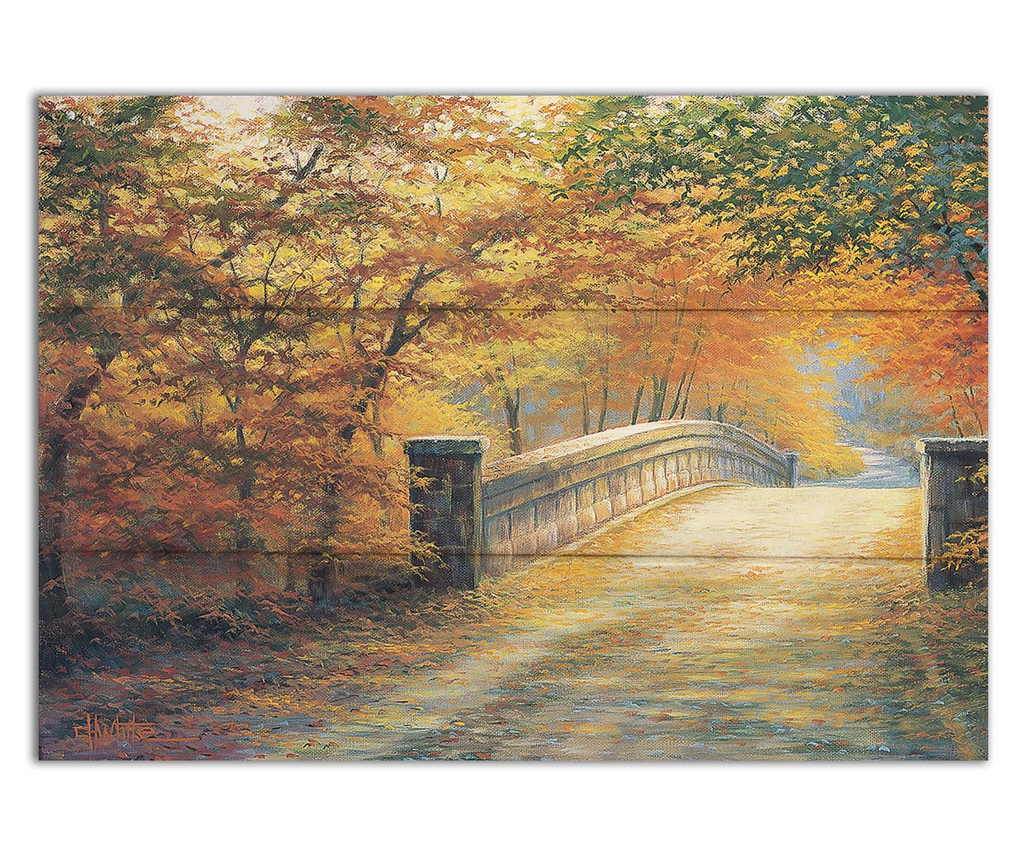 A painting looking down a bridge road during fall. The trees lining the road have turned yellow and orange for autumn, and some of their fallen leaves are scatted along the path. Printed on a box board.