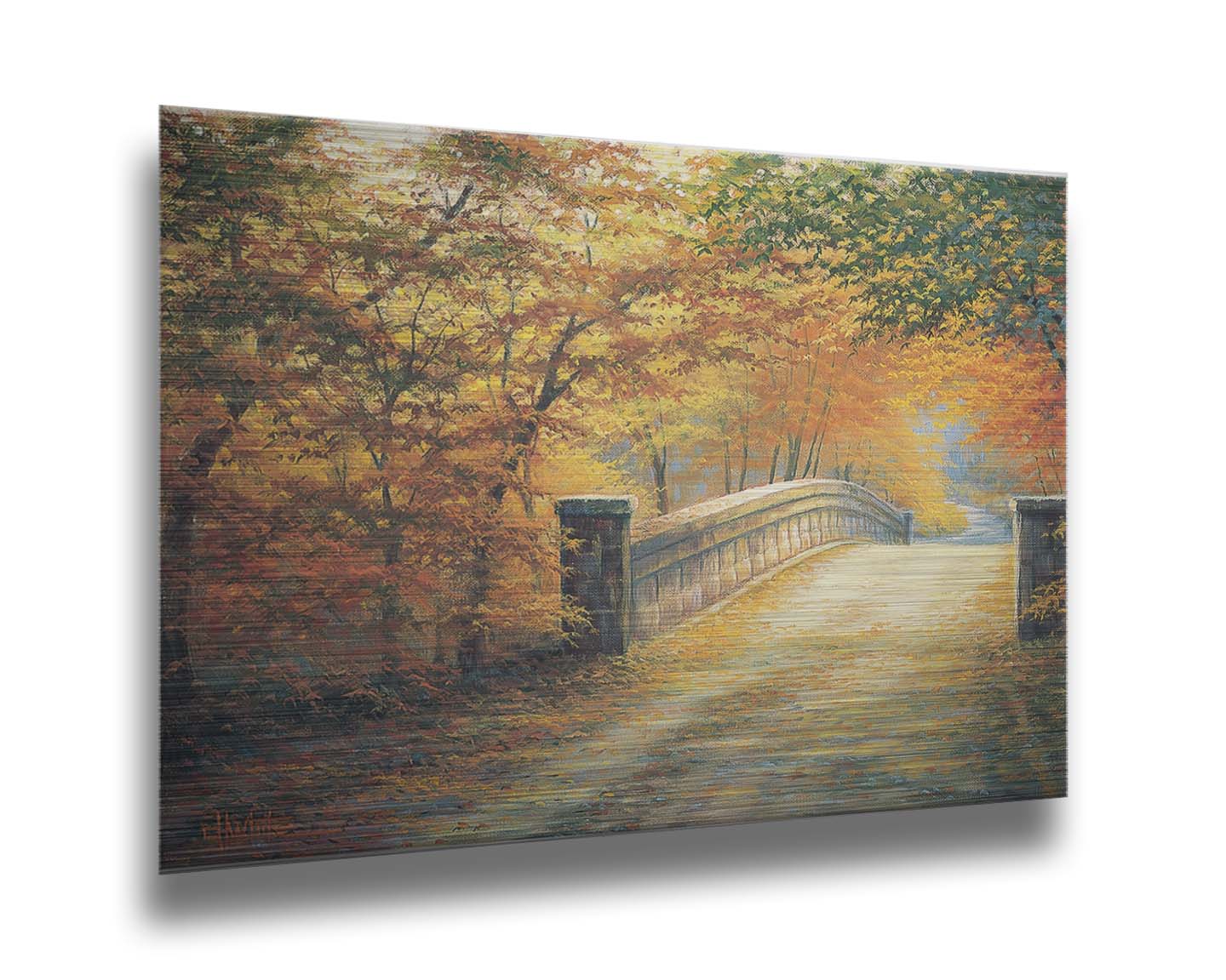 A painting looking down a bridge road during fall. The trees lining the road have turned yellow and orange for autumn, and some of their fallen leaves are scatted along the path. Printed on metal.