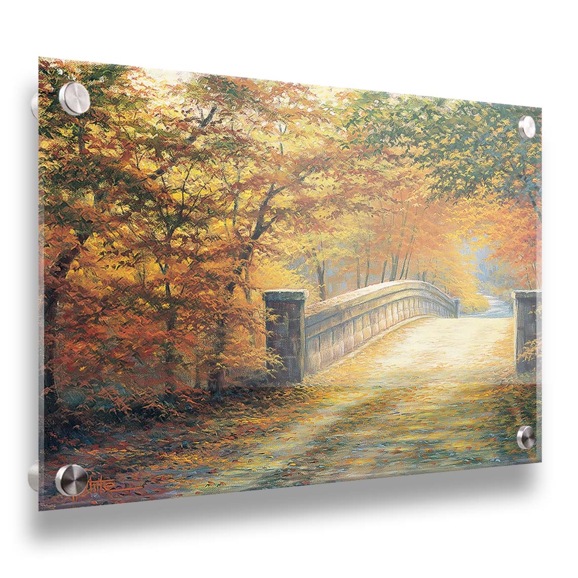 A painting looking down a bridge road during fall. The trees lining the road have turned yellow and orange for autumn, and some of their fallen leaves are scatted along the path. Printed on acrylic.