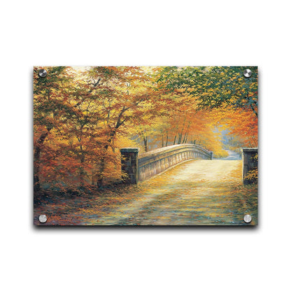 A painting looking down a bridge road during fall. The trees lining the road have turned yellow and orange for autumn, and some of their fallen leaves are scatted along the path. Printed on acrylic.