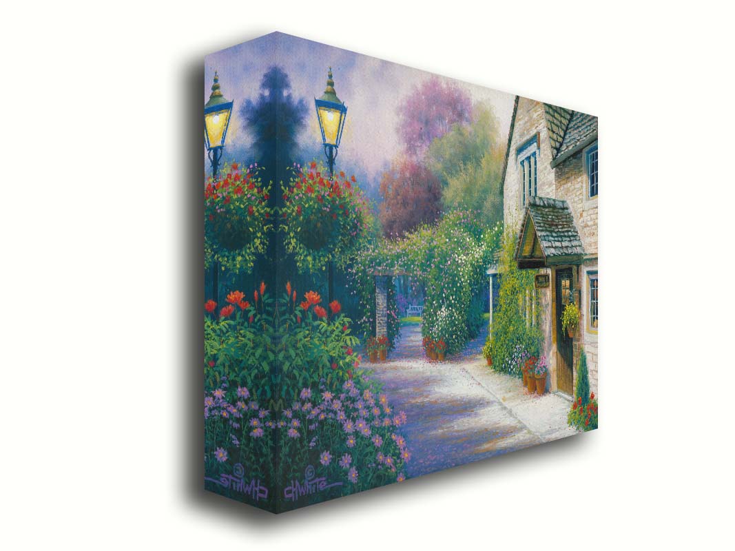 A painting of a bed and breakfast storefront, with a streetlamp-lined path leading to the garden full of blooming flowers. Printed on canvas.