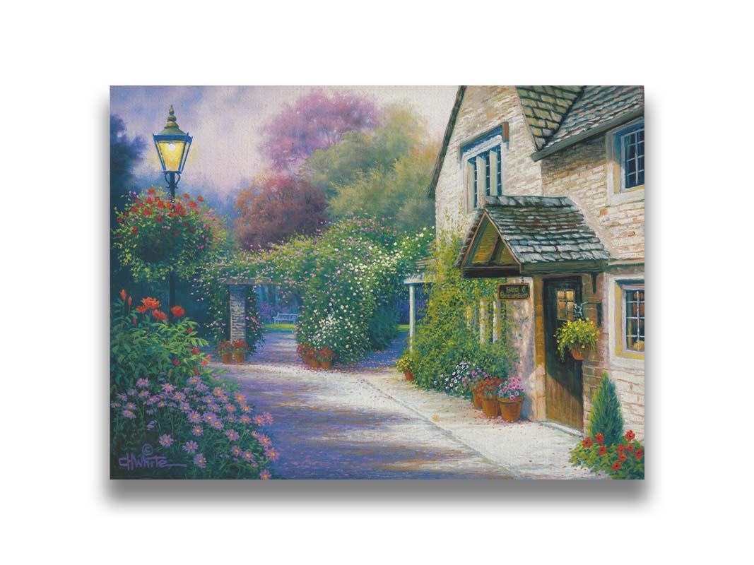 A painting of a bed and breakfast storefront, with a streetlamp-lined path leading to the garden full of blooming flowers. Printed on canvas.