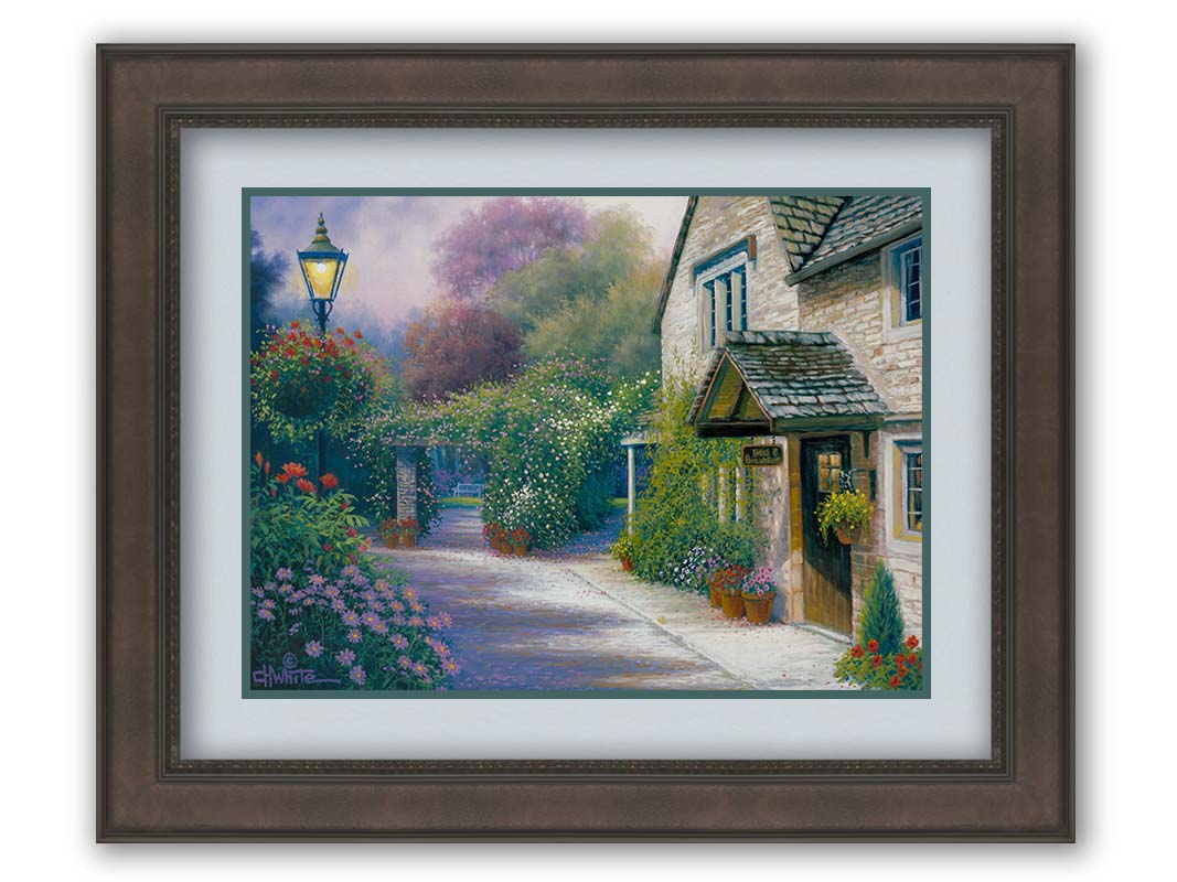 A painting of a bed and breakfast storefront, with a streetlamp-lined path leading to the garden full of blooming flowers. Printed on paper, matted, and framed.