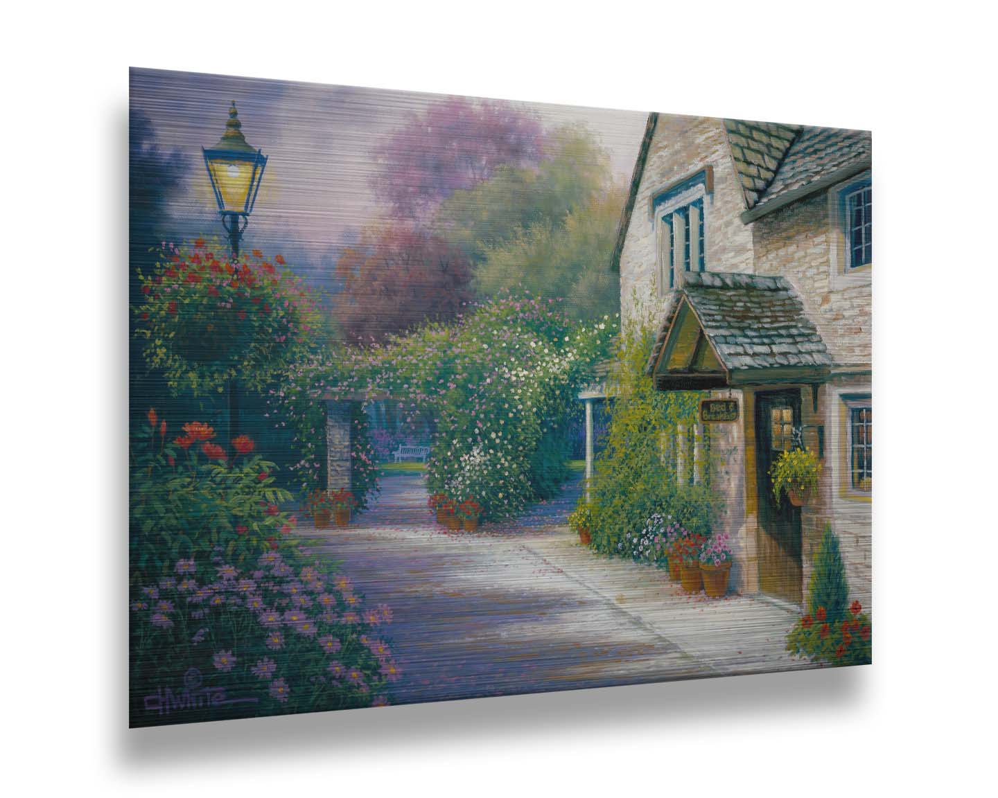 A painting of a bed and breakfast storefront, with a streetlamp-lined path leading to the garden full of blooming flowers. Printed on metal.